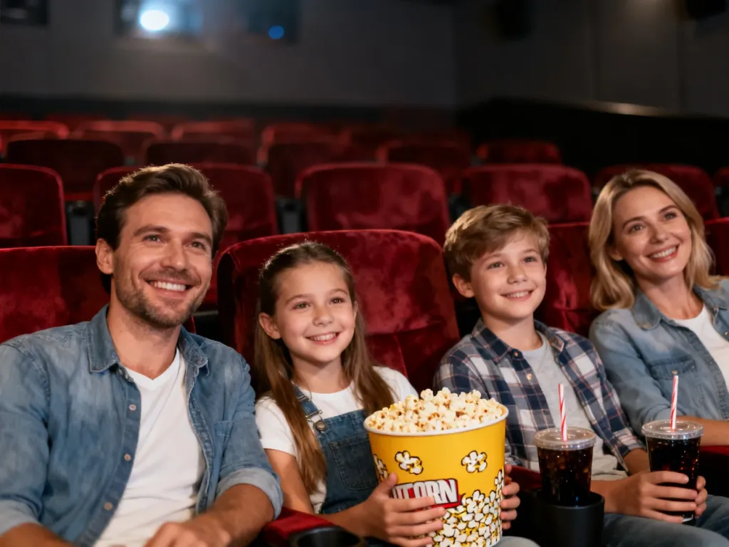 Uśmiechnięta czteroosobowa rodzina siedzi w kinie z popcornem i napojami, przygotowując się do wspólnego seansu.