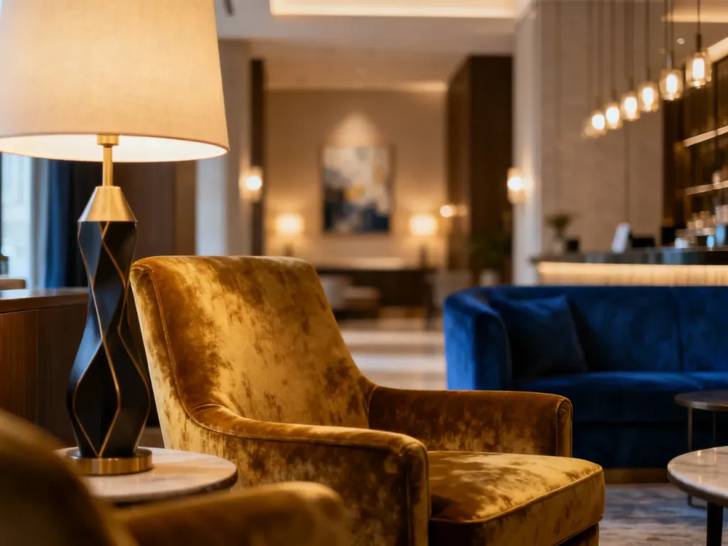 Stylowy salon w hotelu butikowym z welurowym fotelem i eleganckim oświetleniem, podkreślający luksusowy charakter wnętrza.