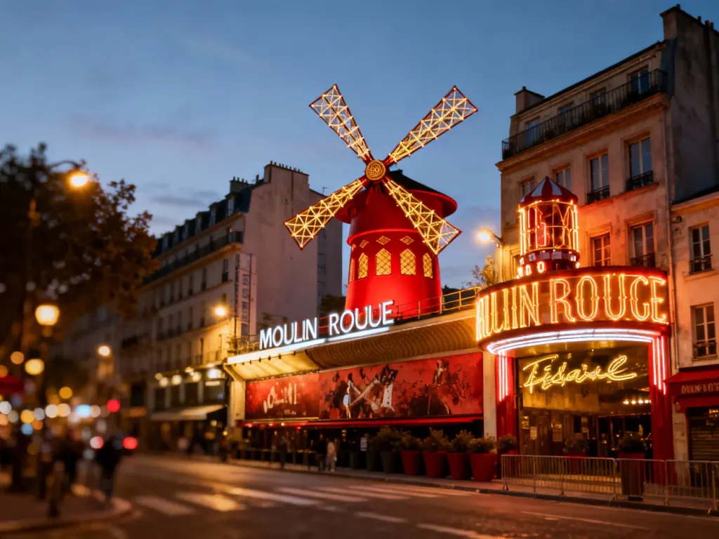 Podświetlony na złoto słynny czerwony wiatrak Moulin Rouge na tle wieczornego Paryża.