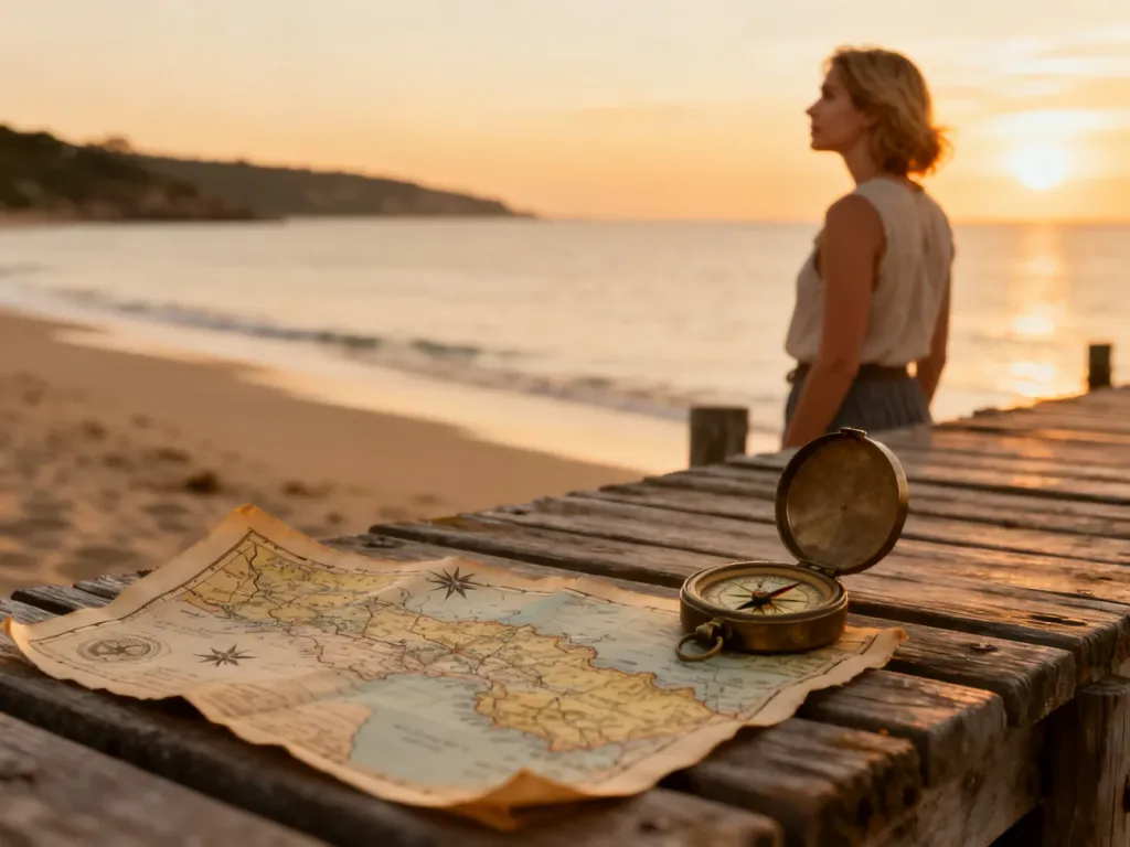 Kobieta na piaszczystej plaży z mapą i kompasem na pomoście, symbolizująca planowanie podróży nad morze o zachodzie słońca.