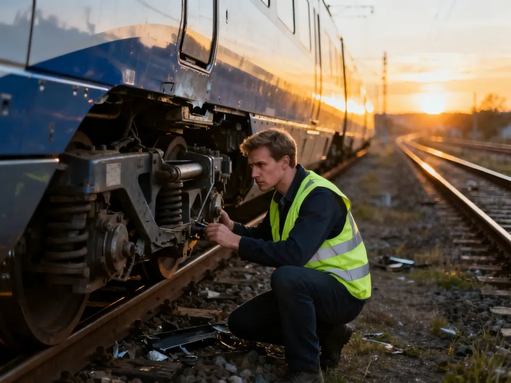 Mechanik w kamizelce odblaskowej dokonuje inspekcji podwozia nowoczesnego pociągu, który uległ awarii na torach.