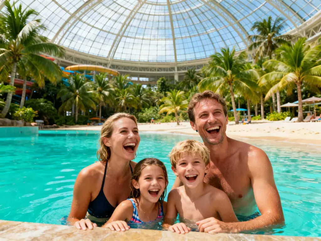 Szczęśliwa rodzina bawiąca się w basenie w tropikalnym parku wodnym Tropical Islands pod szklaną kopułą.