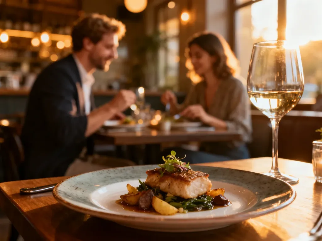 Elegancko nakryty stół w hotelowej restauracji z wykwintnym daniem i winem, ilustrujący ofertę wyżywienia typu half board.